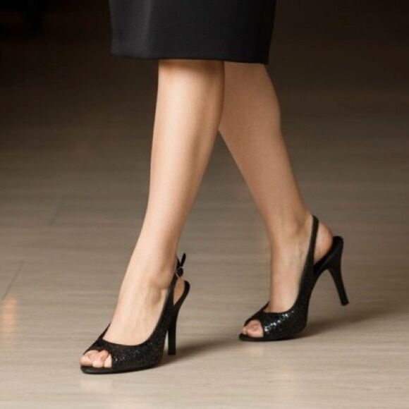 Enzo Angiolini Hitch X3 Black Sequin Shiny Satin Ankle Buckle Peep Toe Heels - Picture 1 of 16